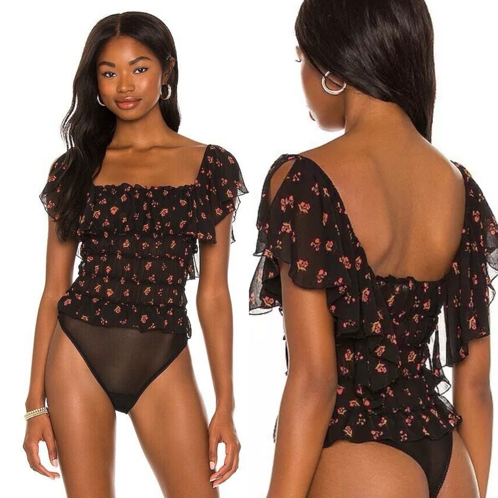 Free People Black Floral Julie Bodysuit